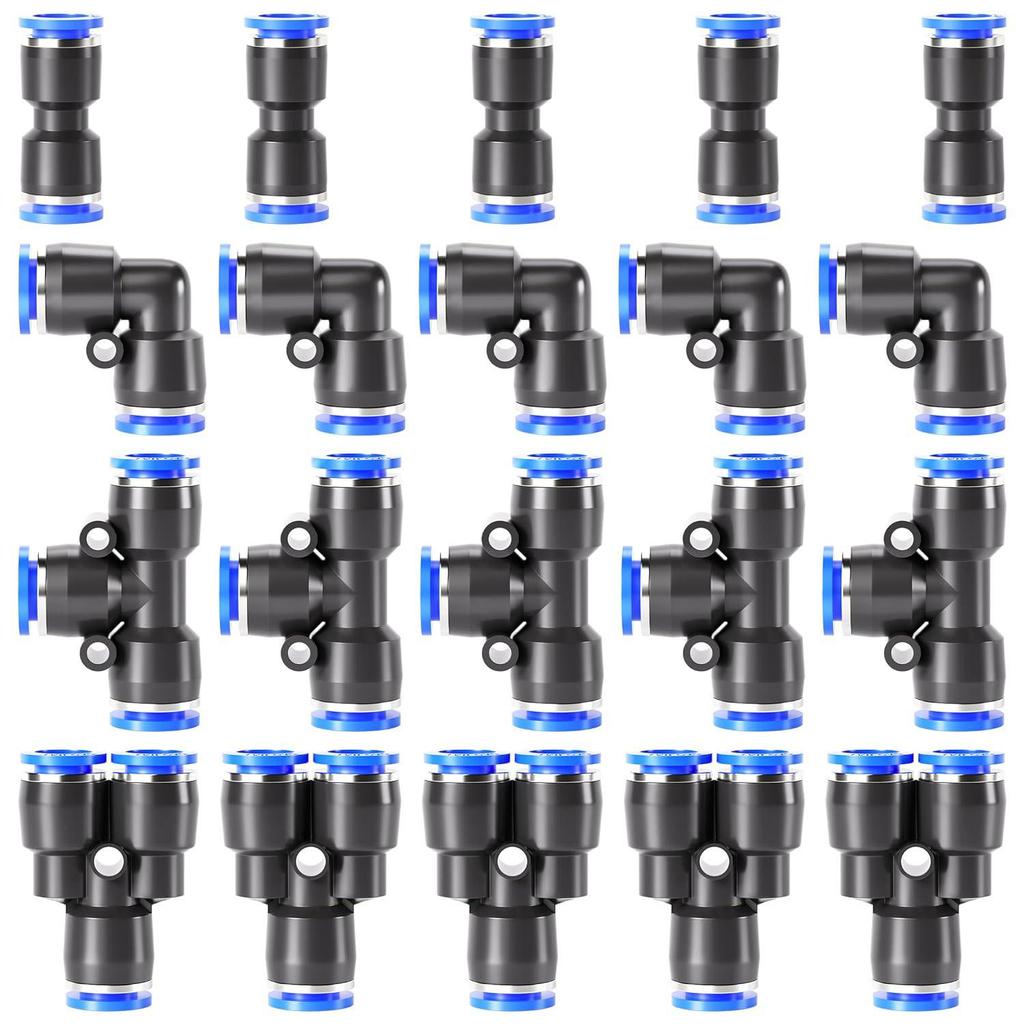 Набор пневматических соединителей из 20 штук: Включает 5 распределителей, 5 отводов, 5 прямых соединителей и 5 тройников.