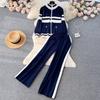 Autumn Winter Contrast Striped Tracksuit Knitted 2 Piece Set Women's Zipper Sweater Jacket Coat +Straight Pants Outfits