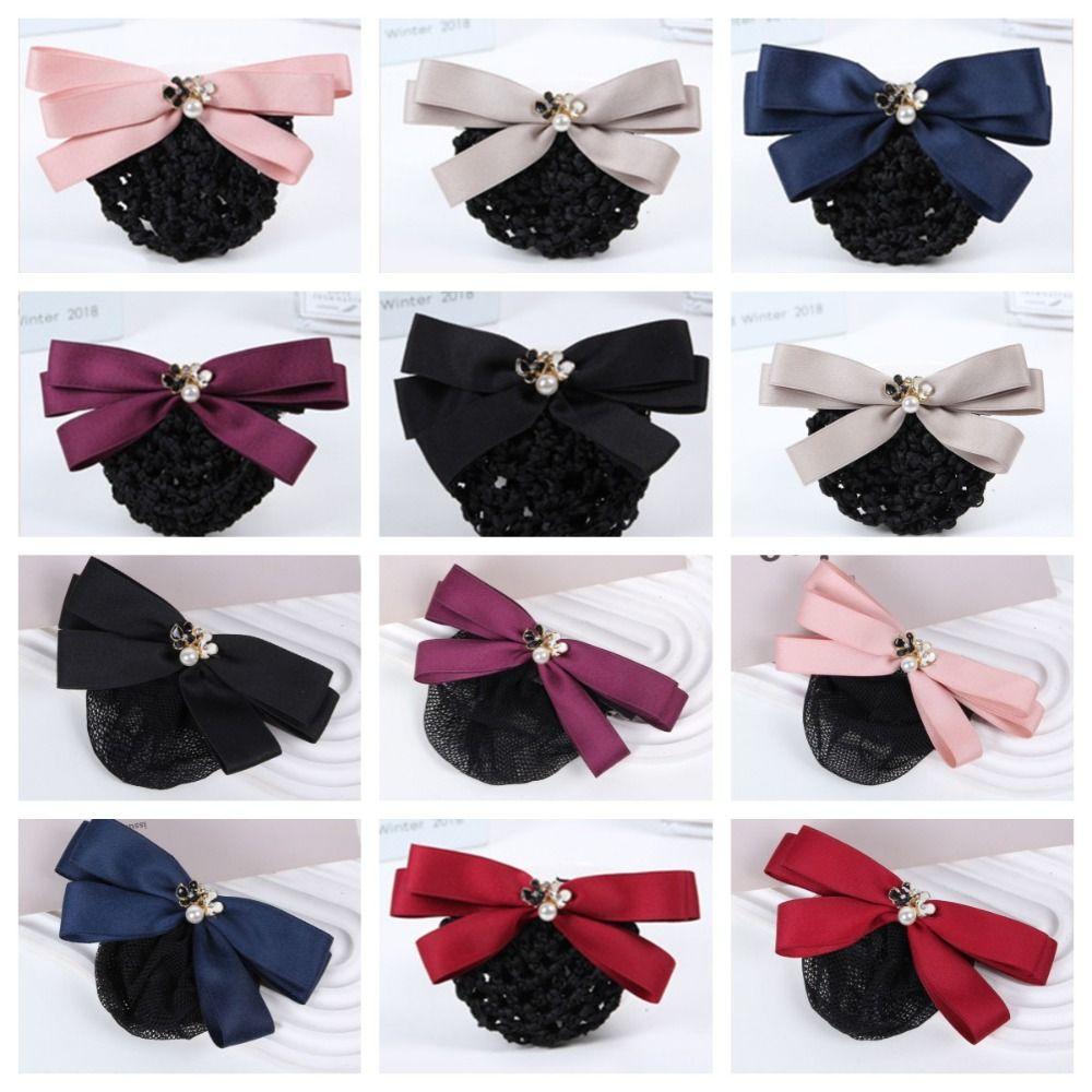 Ribbon Pearls Crochet Bun Net Bun Snood Lace Hair Net Detachable Bow Snood Spring Clip  Bank