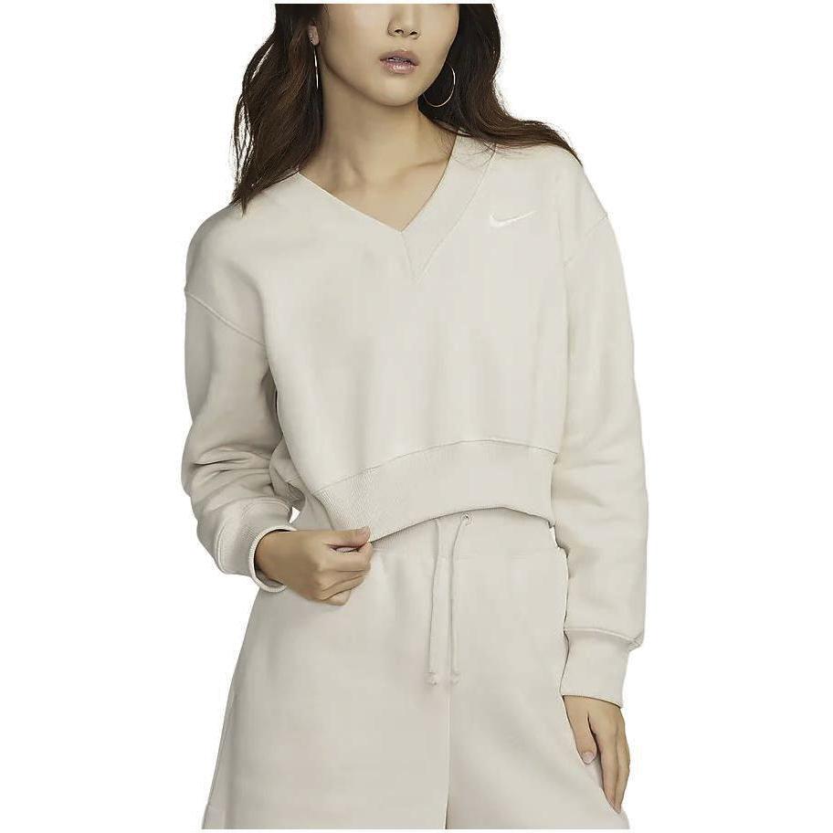 Nike Sportswear Phoenix Short V-Neck Sweatshirt Women Tops Beige FN3652-104