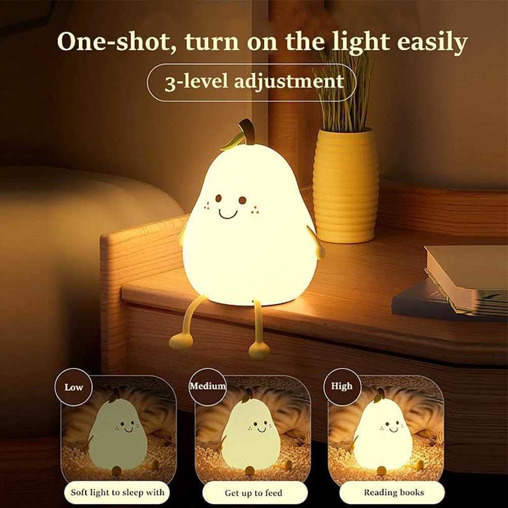 Night Lights for Kids Pear Shaped Cute Silicone Nightlight 7 Colors Dimmable Lamp USB Charging for Bedroom Bedside Room