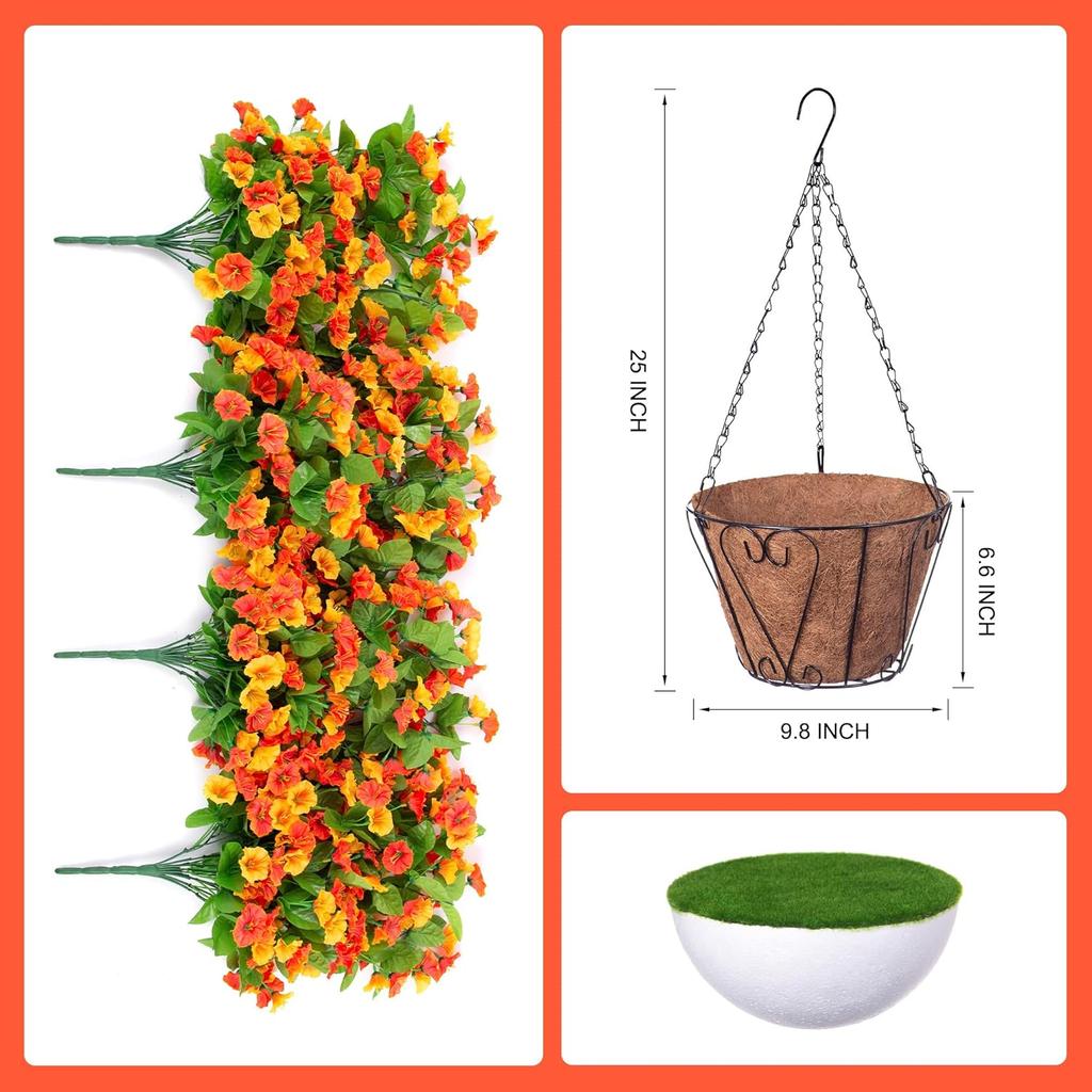 Hanging Baskets with Artificial Flowers for Plants Outdoor Indoor, Faux Silk Morning Glory Vines, Faux Green Plant Arrangement