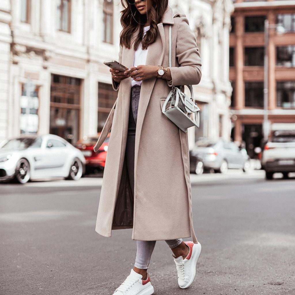 Women's Fashion Warm Winter Long Sleeve Solid V-neck Bandage Wool Coat