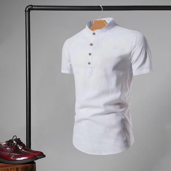 Мужская рубашка сплошной цвет Slim Fit воротник-стойка с короткими рукавами мягкий легкий пуловер на пуговицах