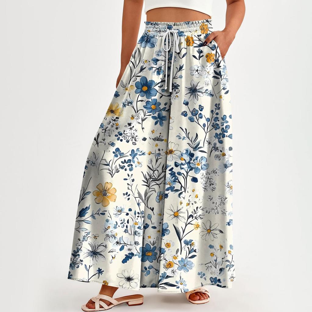 Женские брюки с высокой талией, широкие, повседневные, струящиеся брюки-палаццо, брюки с цветочным принтом и карманом