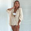 Bikini Cover-Ups Elegant Hollow Out Deep V-neck Summer Beach Tops White Cotton Tunic Women Beach Wear Swim Suit Cover Up
