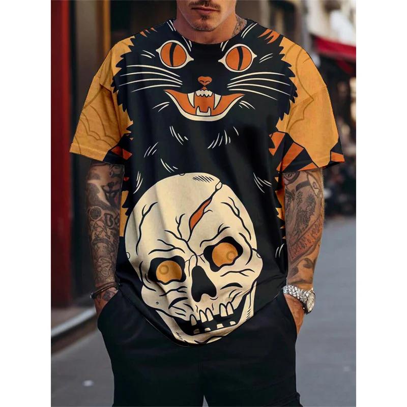 Новая забавная мужская футболка с 3D-принтом кота, футболка с рисунком тыквы и черепа на Хэллоуин, повседневный топ с круглым вырезом, свободным коротким рукавом, в стиле хип-хоп для нарядного выхода