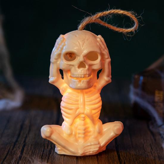 Battery Operated Skull Lamp Halloween Skeleton Decoration with LED Light, Spooky Lighted Plastic Small Atmosphere Prop Ornament Rope for Haunted House