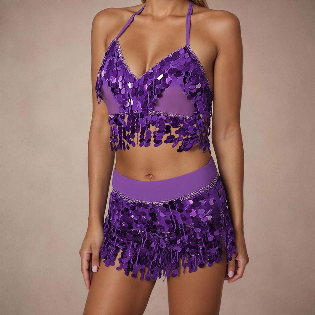 2 Pieces, Bra With Sequined Tassels, Fringed Top, Belly Dance Skirt, Carnival, Club, Costumes