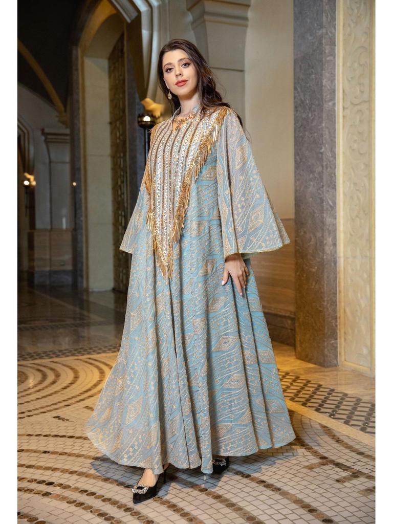 AB320 Tulle Embroidered Sequined Muslim Evening Dress - Arabic Dubai Style Robe for Middle Eastern Women
