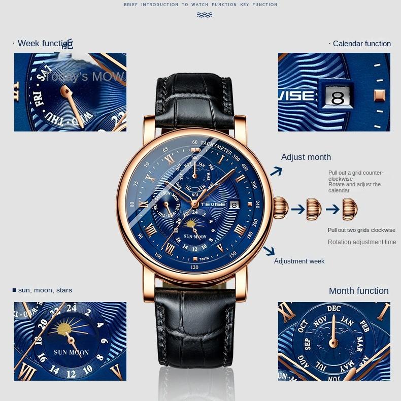 Новые тонкие механические часы TEVISE, мужские часы с календарем и большим циферблатом