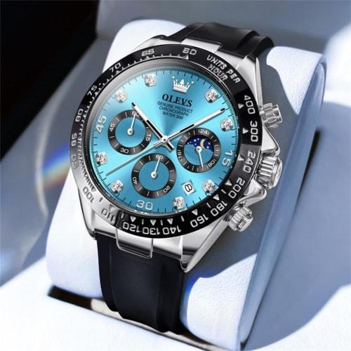 OLEVS Stylish Men's Watch Easy To Read Sports Popular Fashion Brand Japan Quartz Silicone Belt Chronograph Men's Watch Date Waterproof Business Blue A