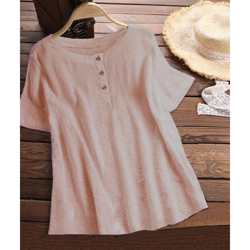 Женская однотонная рубашка с короткими рукавами и круглым вырезом на пуговицах, весна-лето, футболка из чистого хлопка и льна
