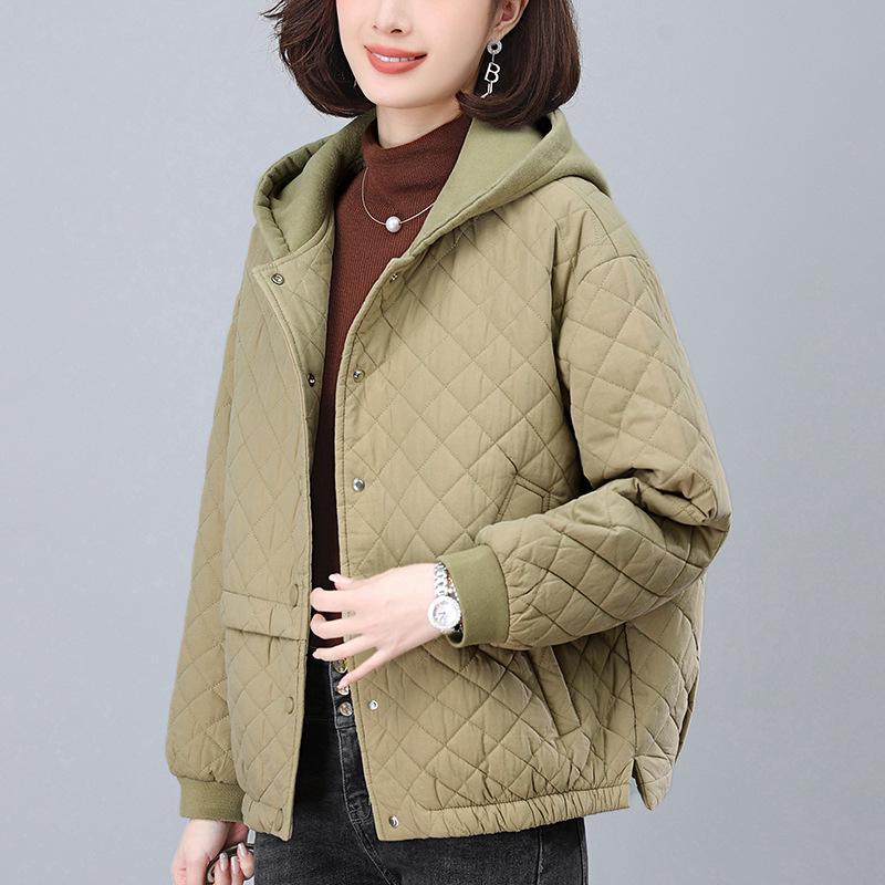 Women's Argyle Hooded Cotton Jacket 2024 - Thickened Short Coat for Autumn/Winter, Petite & Middle-Aged Styles