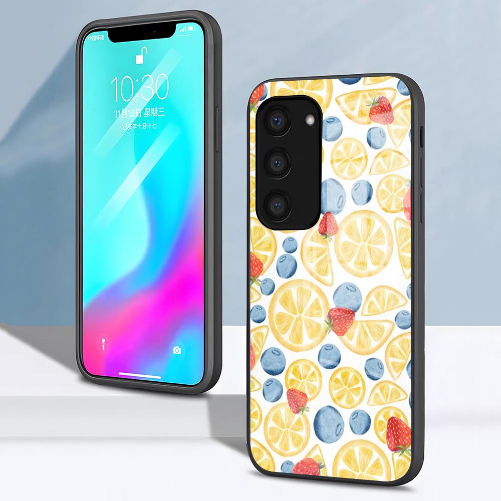 Фруктовый чехол-лимон для телефона Samsung S26 S25 S24 FE S23 S22 S21 Plus S20 Ultra Note20Ultra Черная стеклянная крышка