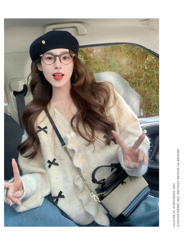 2025 Autumn and Winter New French V-neck Women's Bow Cardigan