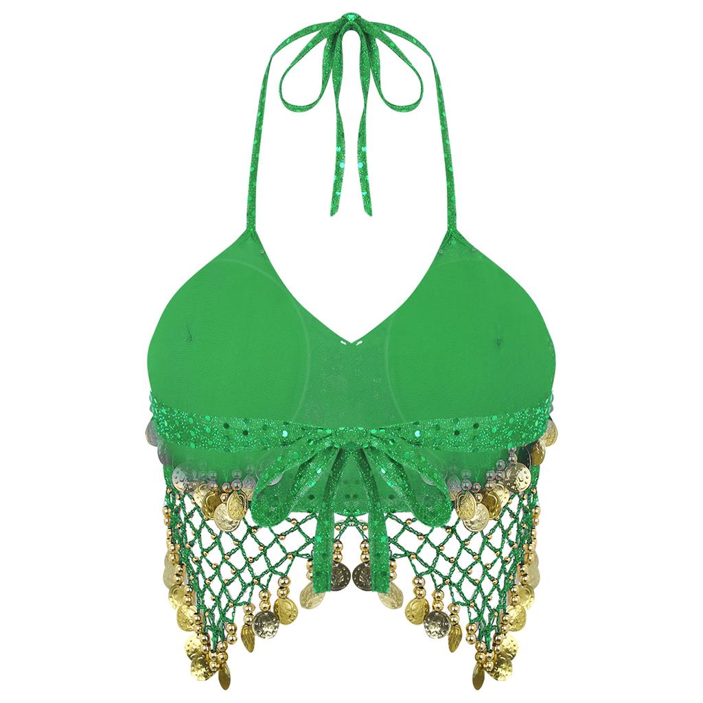 Женский бюстгальтер-топ для танца живота с бретельками через шею, сетка из пайеток, пластиковые бусины, четкие кисточки, шнуровка, укороченный топ для танцев, костюм для выступлений