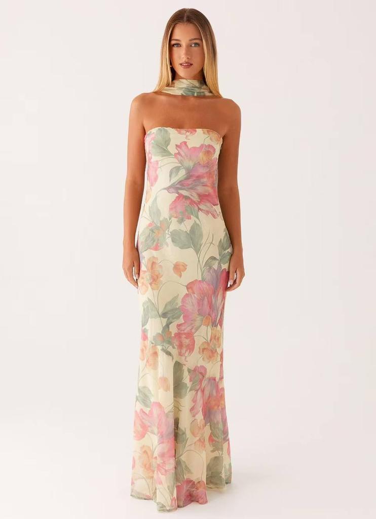 French Floral Chiffon Maxi Dress With Zipper For Summer Beach Vacation