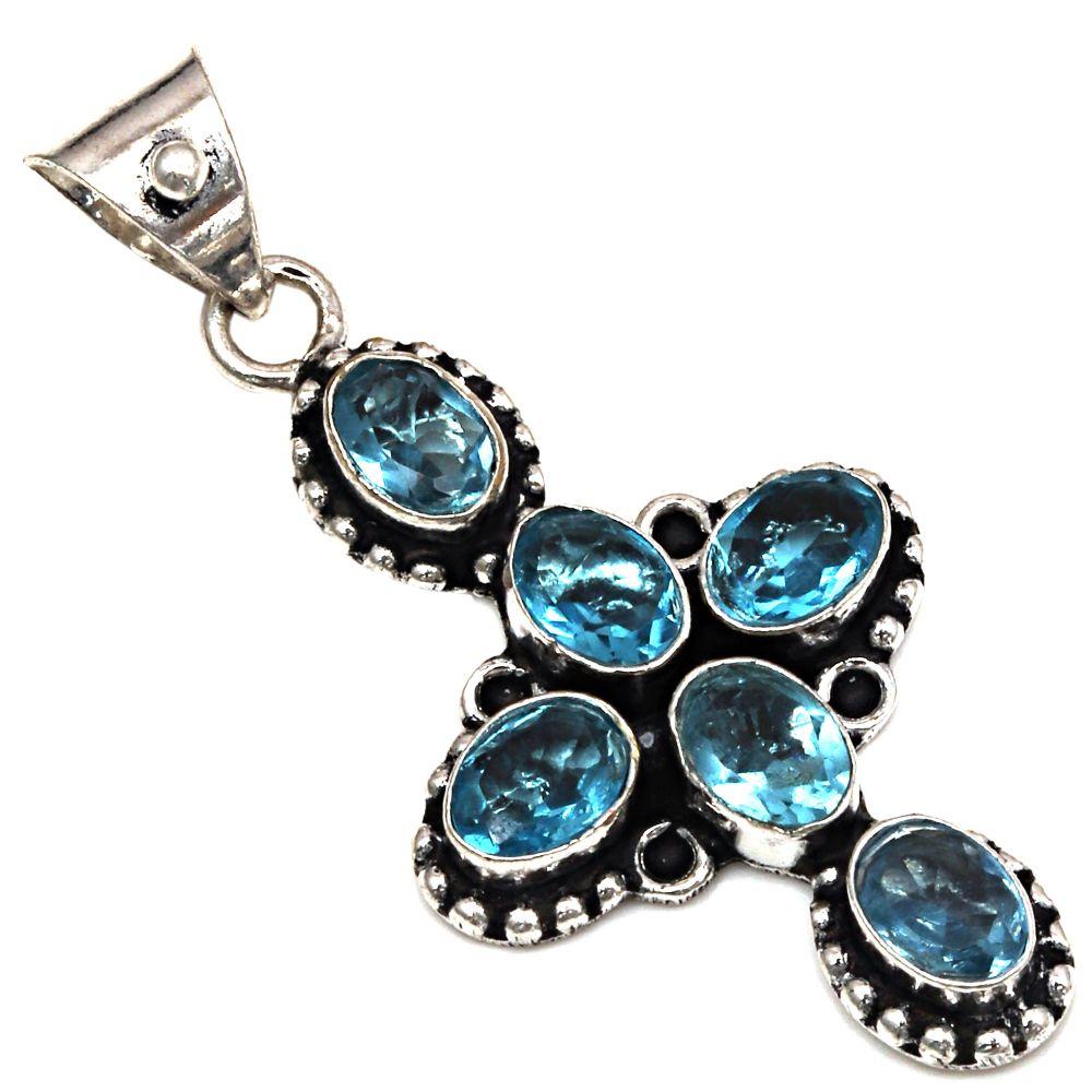 Pendant Swiss Blue Quartz Gemstone Gift For Her Silver Jewelry 2"