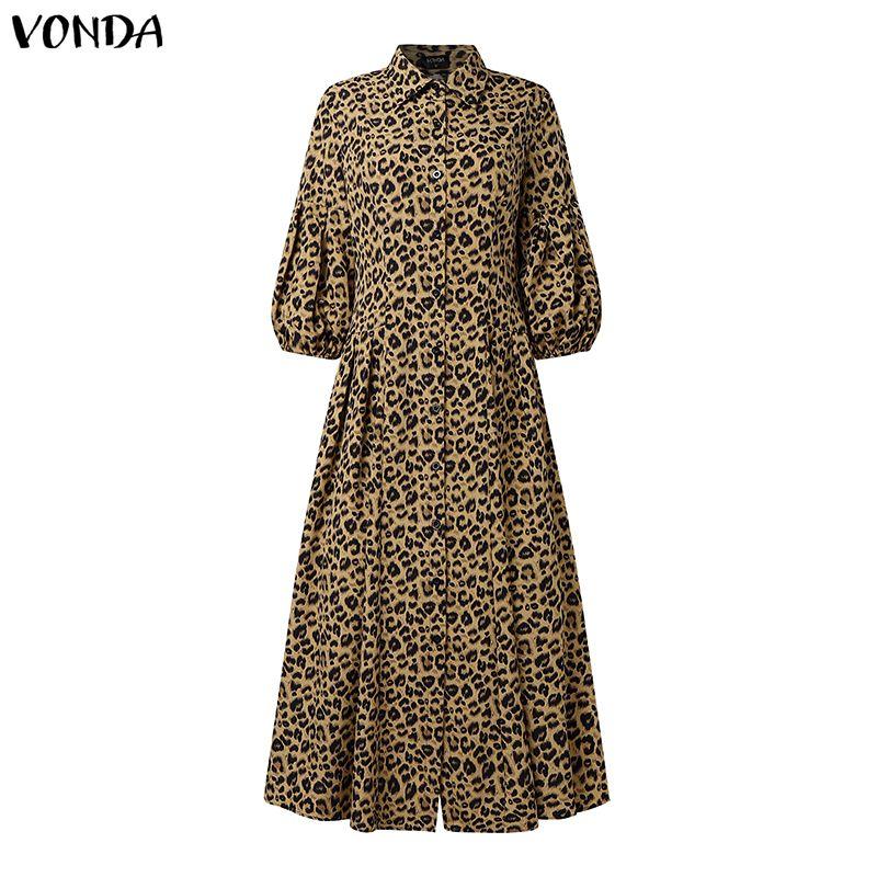 VONDA Винтажное женское платье с пышными рукавами, леопардовым принтом и пуговицами, длинное плиссированное
