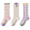 Детские высокие носки с милым клетчатым цветочным узором, фиолетово-розовый комплект для девочек XL [GLASS FROG], 3 пары (фиолетовая клетка, 20-23см)