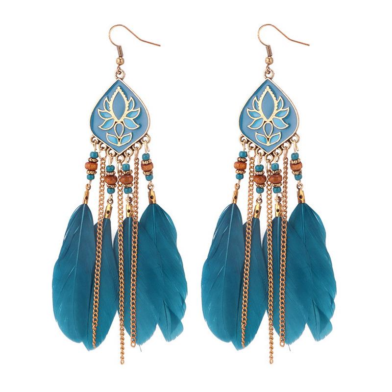 Bohemian Feather Long Earrings Personalized Chain Fringed Ear Hook Red Earrings