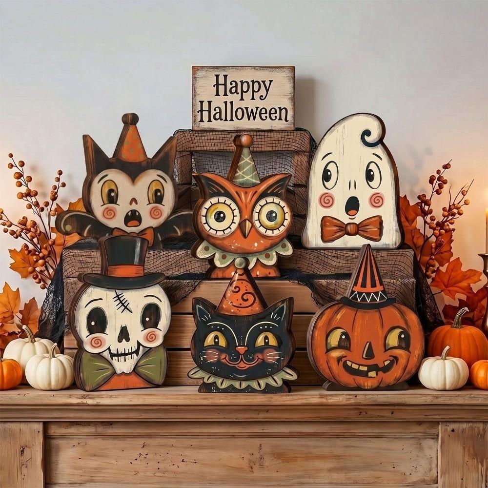 Farmhouse Style Halloween Wooden Tabletop Sign Cartoon Halloween Tiered Tray Decor Shelf Decor