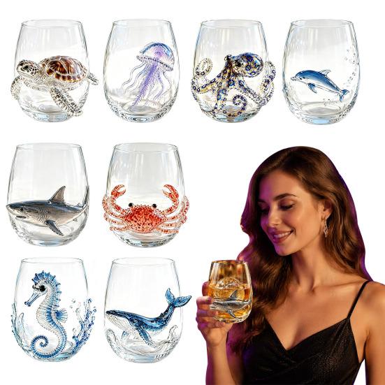 Specialty Beverage Glass Octopus Tumbler, 350ml Stemless Wine Glass, Whale Dolphin Turtle Sea Creature Drinking Cup, Handcrafted Glassware for