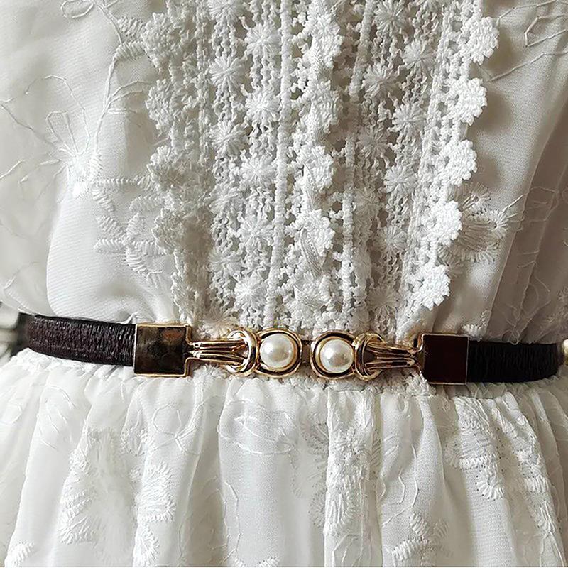 Elegant Double Pearls Buckle Elastic Women Belts Black Thin Straps Lady Girl Dress Skirt Decor Waistbands