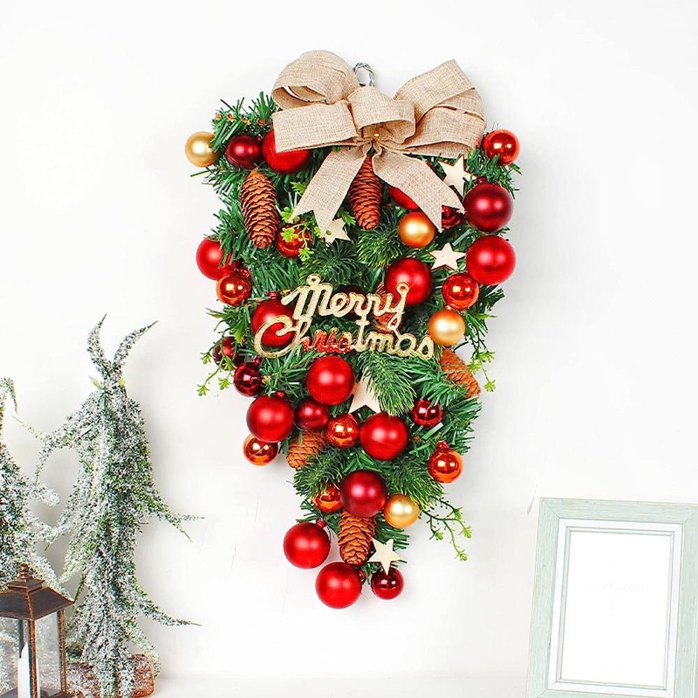 Bowknot Christmas Wreath with Decoration Ball Christmas Upside Down Tree Pendant Creative   Store