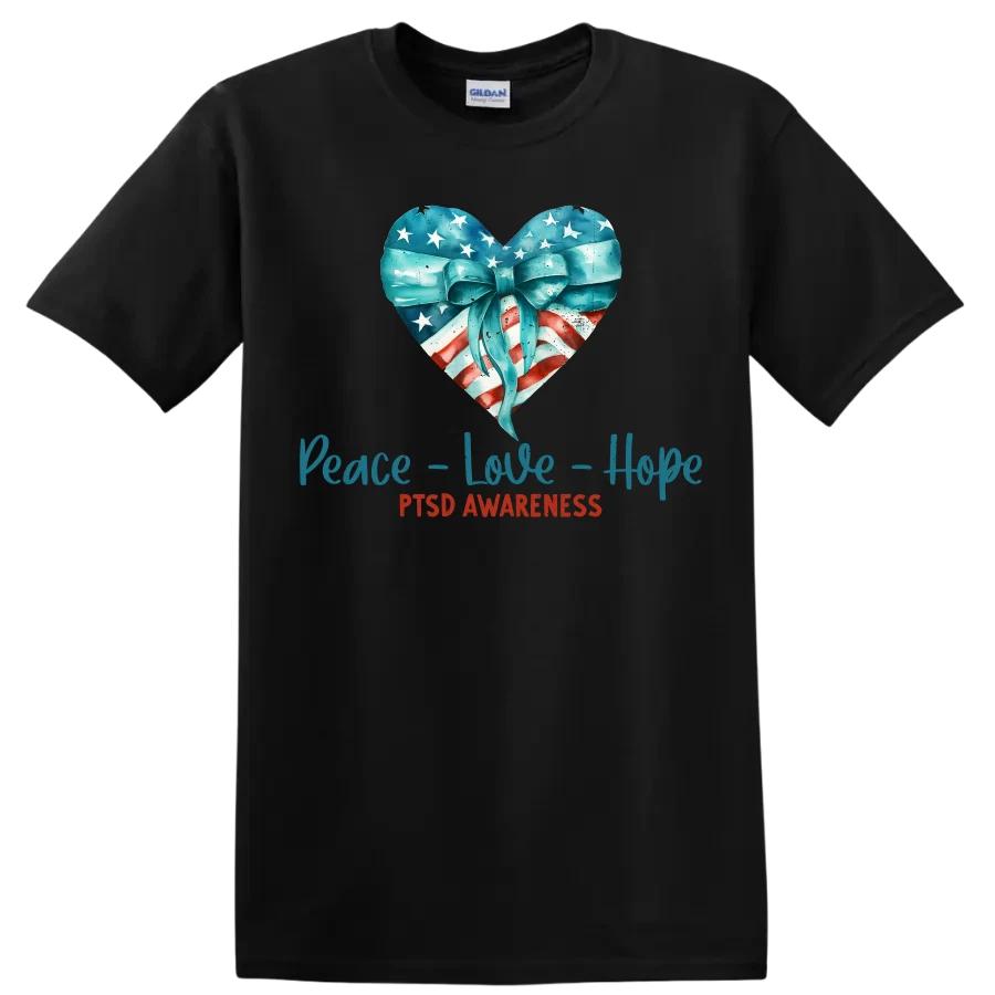 Peace Love Hope Heart PTDS Awareness T Shirt American Flag Ribbon Tee