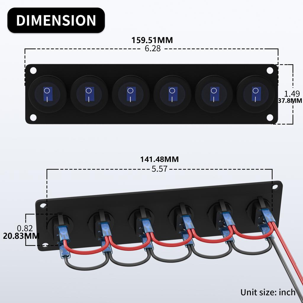 6 Gang 12V 20A Toggle Rocker Switch Panel LED Breaker Fits for Auto Automotive Light Car Marine Boat Yacht Truck RV Switches Seat 3