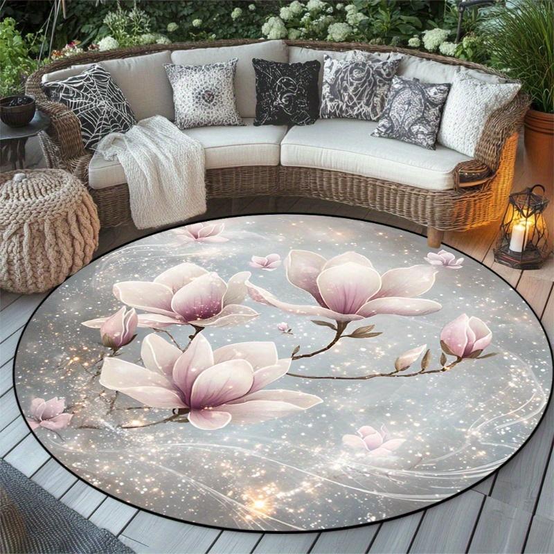 1pc Elegant Round Area Rug, Quicksand Pearl White Magnolia Pattern - Crystal Velvet Fabric, Perfect for Living Room, Dining Room