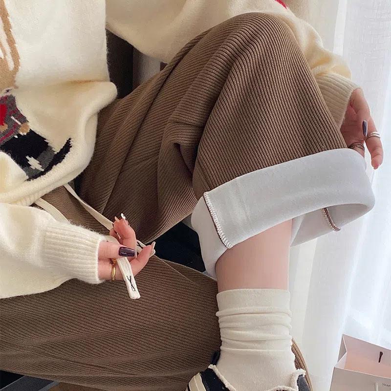 Осенне-зимние женские повседневные теплые брюки, плюшевые и утепленные вельветовые брюки, широкие брюки, коричневые прямые брюки