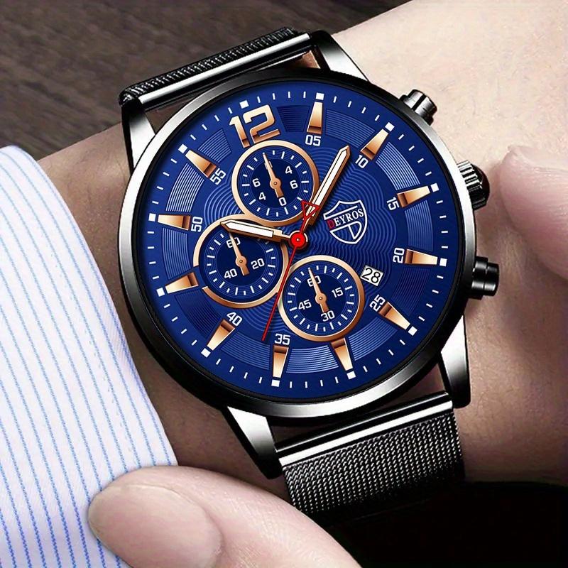 3pcs/set Fashion Men's Sports Stainless Steel Mesh Belt Quartz Watch & Bracelet Neckalce Set