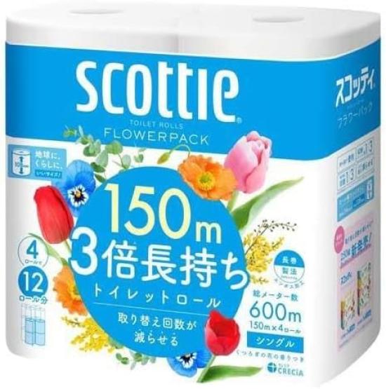 Цветок туалетной бумаги Scottie в 3 раза длиннее, Однослойная, 4 рулона x 2, в упаковке Scottie для оптовой покупки, Долговечный, (150м Мешки) Ткани,