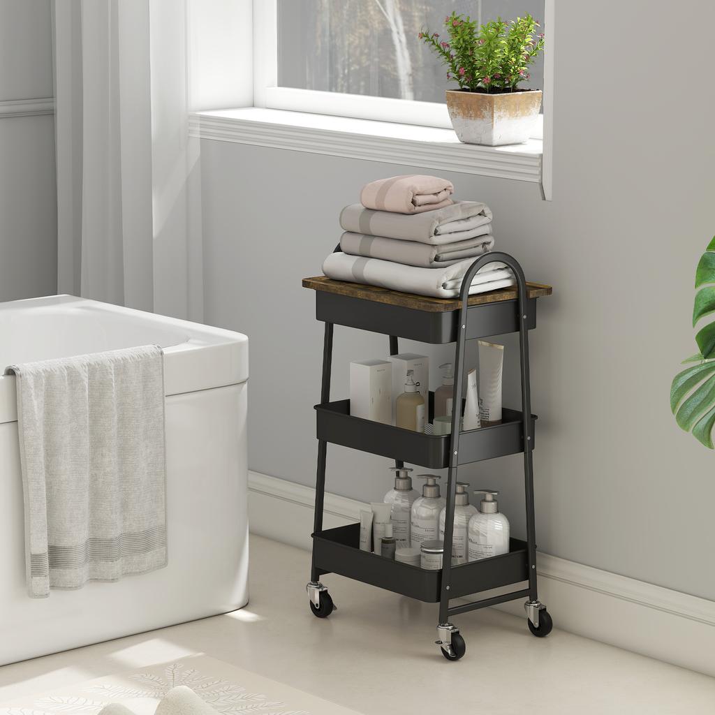 3 Tier Kitchen Storage Trolley With On Wheels Cover Top Board   Rustic Brown And Black