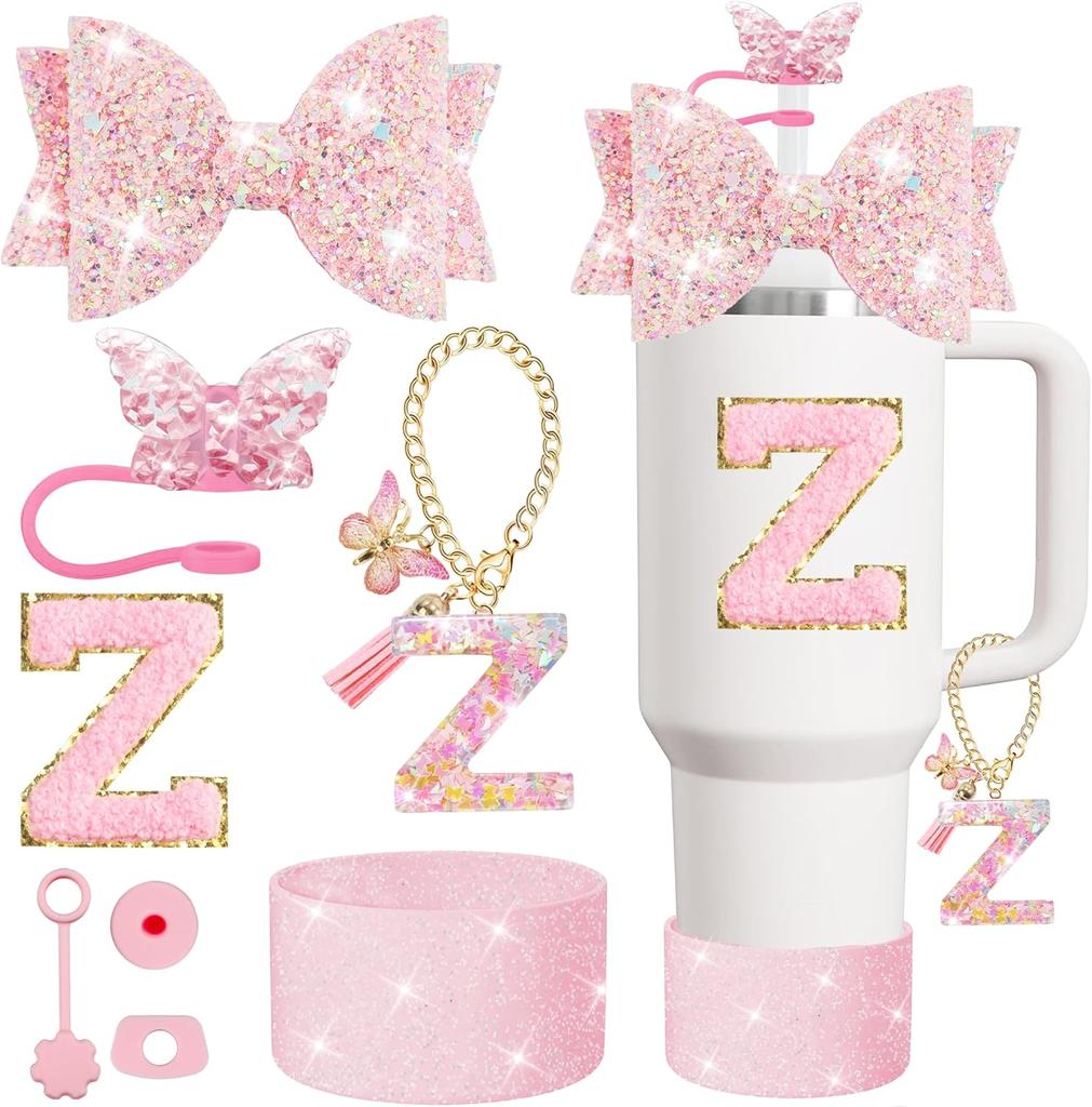 Набор из 8 предметов аксессуаров для стакана Stanley 30 унций 40 унций: топпер для соломинки, крышка-заглушка, чехол-ботинок, заглушка от проливания, подвеска-шарм, наклейка с инициалами