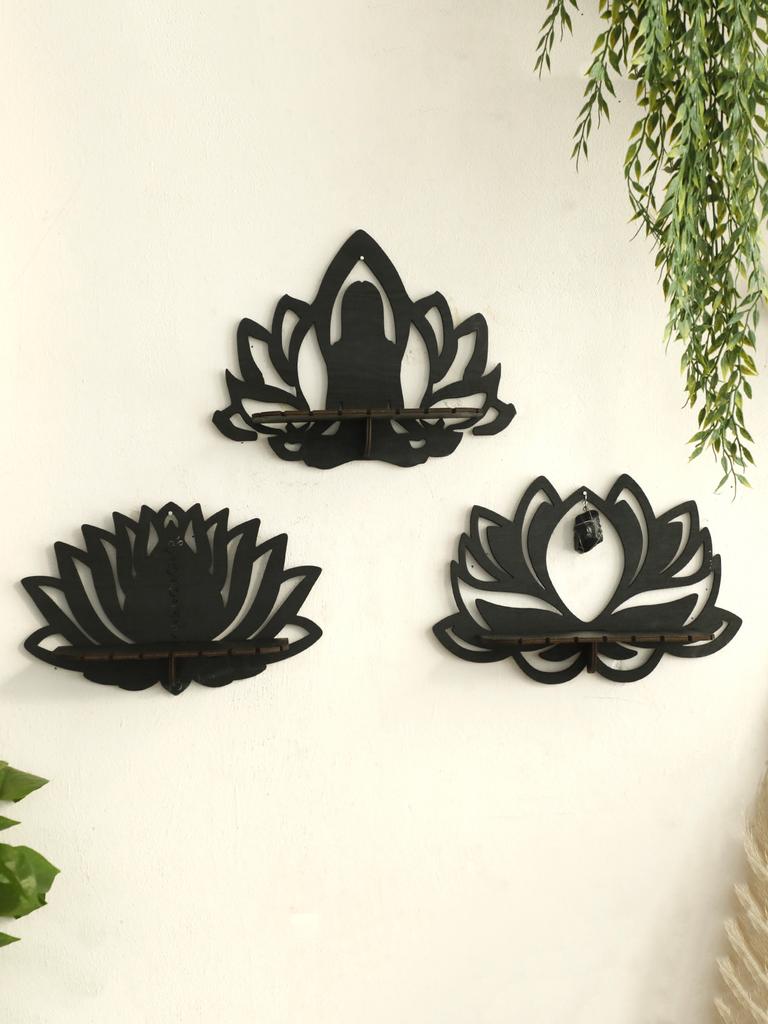 Полка-дисплей Lotus Ccrystal Черные Деревянные Настенные Полки Boho Плавающая Настенная Полка для Спален Офисов Гостиной Эстетичный Подарок