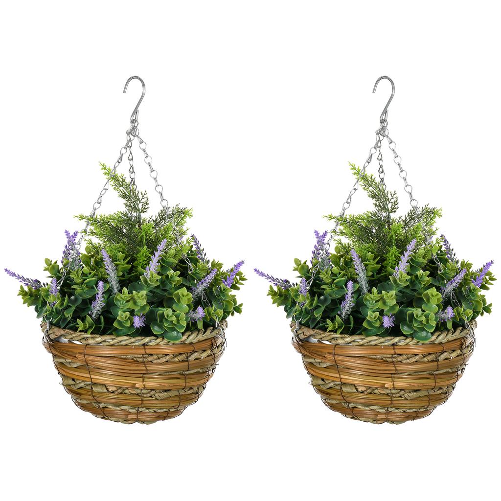 Set of Two Artificial Hanging Lavender Flower Pots - Purple