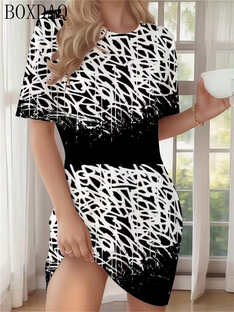 Women's New Round Neck Short Sleeved Loose Home Printed Summer Dress