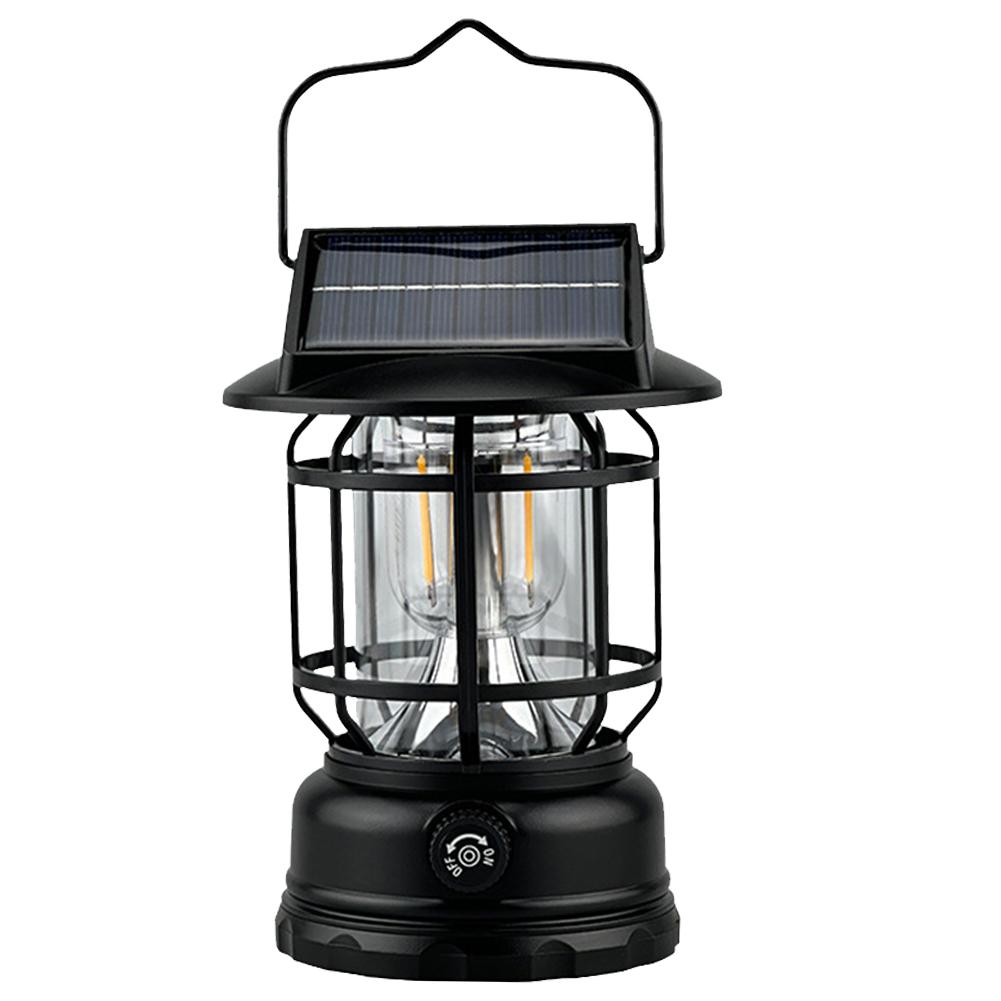 Solar Powered Outdoor Camping Lantern with Knob Portable Tent Light Dimmable Hanging Retro Lantern for Hiking Emergency