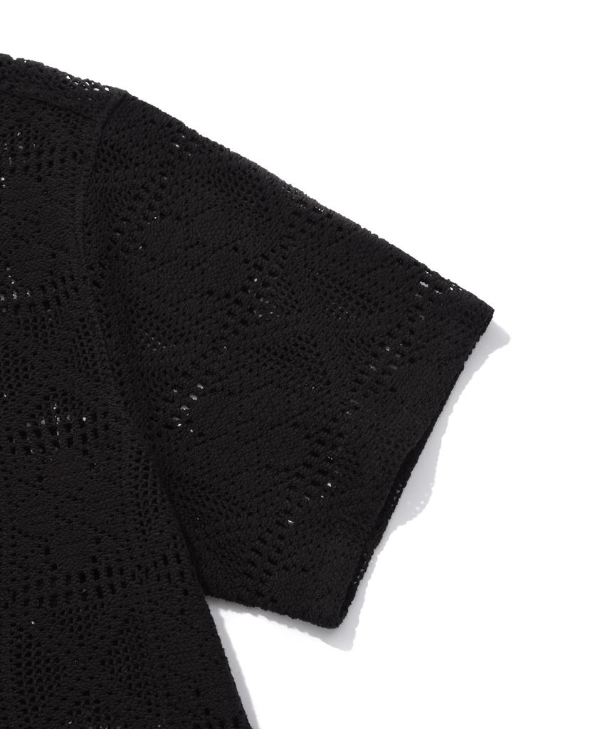 COVERNAT Crochet Open Collar Half Shirt Black