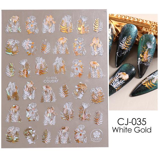 3D Flowers Leaves Nail Stickers Decals Gold Black Bronzing Flowers Gradient Adhesive Sticker Nail Design Art Decorations