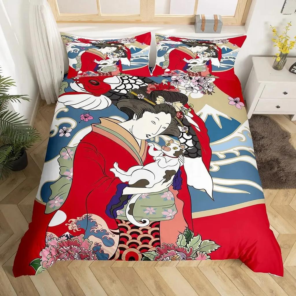 Комплект пододеяльника Lucky Cat в японском стиле с рисунком «Волна Хокусая», комплекты постельного белья, экзотический красный, ворота тории, декор солнца, комплект пододеяльника