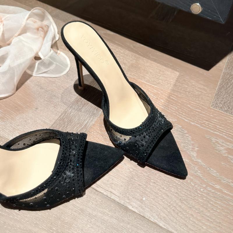 Высококачественная сетчатая пряжа со стразами, полудрагоценная, летняя новая модель 2025 года, модная верхняя одежда, не надоедает, женские босоножки с одним словом на высоком каблуке