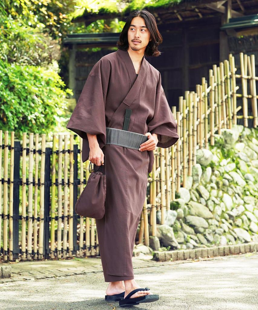 Yukata 6 Piece Set Shingen Waist XL I Red Brown Shijira Easy To Yukata Summer Japanese Japanese [Rochelle] Men's (Yukata, Obi, Geta, Bag, Fan, Belt)