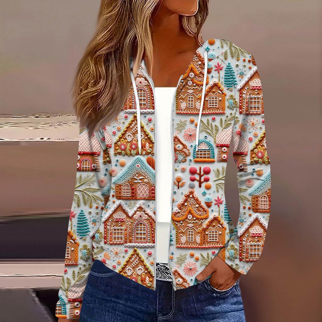 Женская модная повседневная куртка с капюшоном на молнии с рождественским принтом и длинными рукавами
