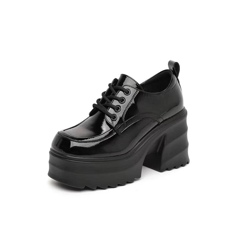 Модные туфли на платформе, женские туфли из натуральной кожи, новые осенние туфли на высоком толстом каблуке со шнуровкой для женщин