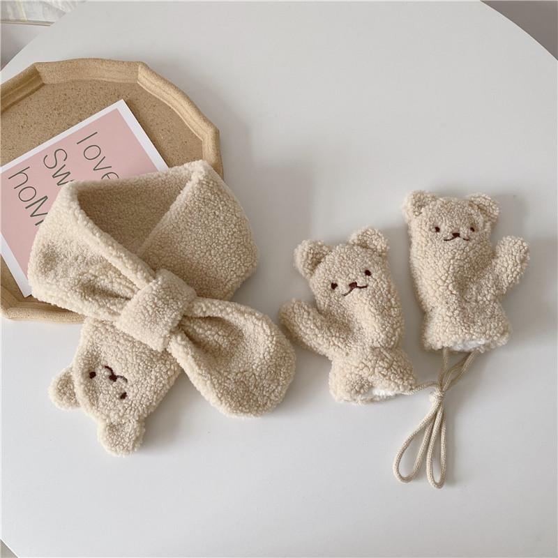 Детские зимние теплые перчатки, детский шарф от ветра, из овечьей шерсти, милый мультяшный комплект, плюшевые утолщенные